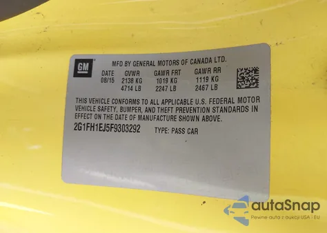 2015 Chevrolet Camaro 1Ss из США, поврежденный, VIN 2G1FH1EJ5F9303292